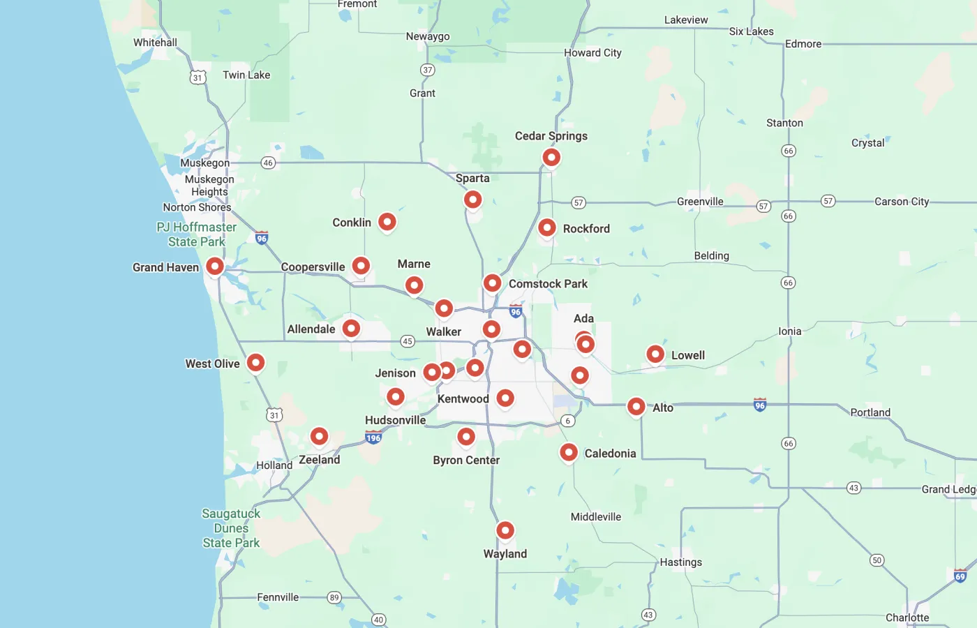 Service area map covering Grand Rapids and surrounding communities