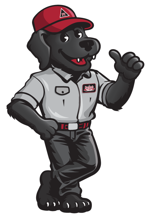Max, Pro-Tech's Chief Comfort Officer — a black lab mascot in a Pro-Tech uniform and red ball cap, giving a thumbs up